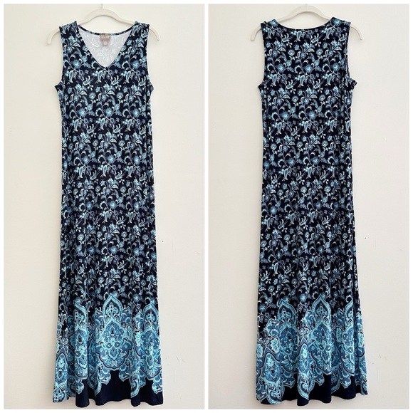 Chico’s Navy & Light Blue Floral Paisley Print Maxi Dress Size Small - Picture 1 of 9